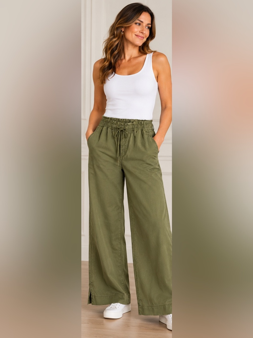 NWT LOFT Olive Green Wide Leg Drawstring Pants Size L